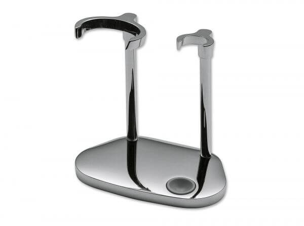 Chrome-plated stand for shaving brush and straight razor